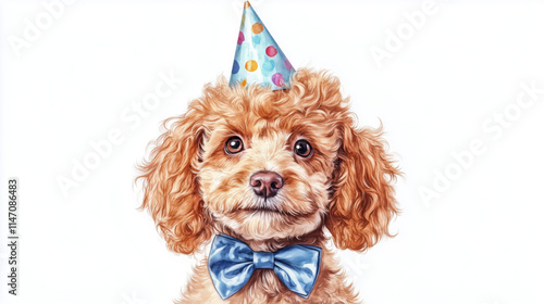  Portrait of Cute dog with a birthday hat and bow tie with a happy expression,birthday party concept watercolor illustration on white background