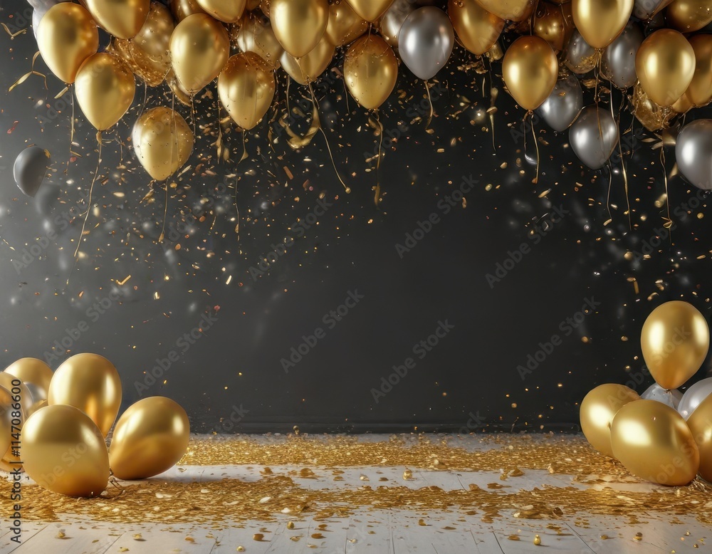 Naklejka premium Abstract celebratory backdrop with scattered gold balloons and multicolored confetti , colorful, design
