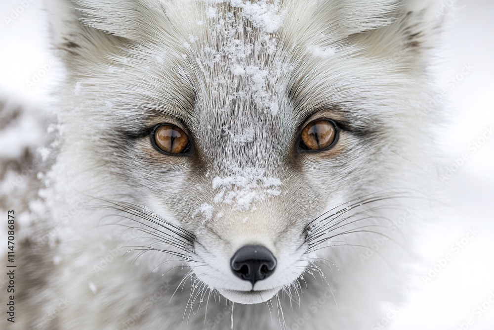 Snowy fox with striking eyes gazes directly, showcasing fur deta Snowy fox with striking eyes gazes directly, showcasing fur deta