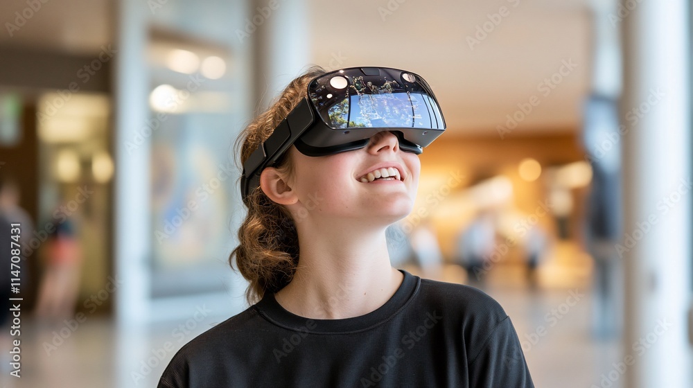 A young person wearing virtual reality goggles, smiling and engaged. A young person wearing virtual reality goggles, smiling and engaged.