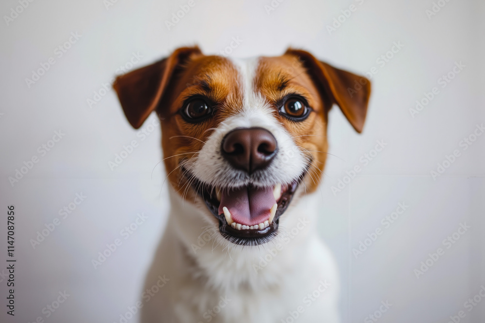 A small brown and white dog with its mouth open and tongue out A small brown and white dog with its mouth open and tongue out