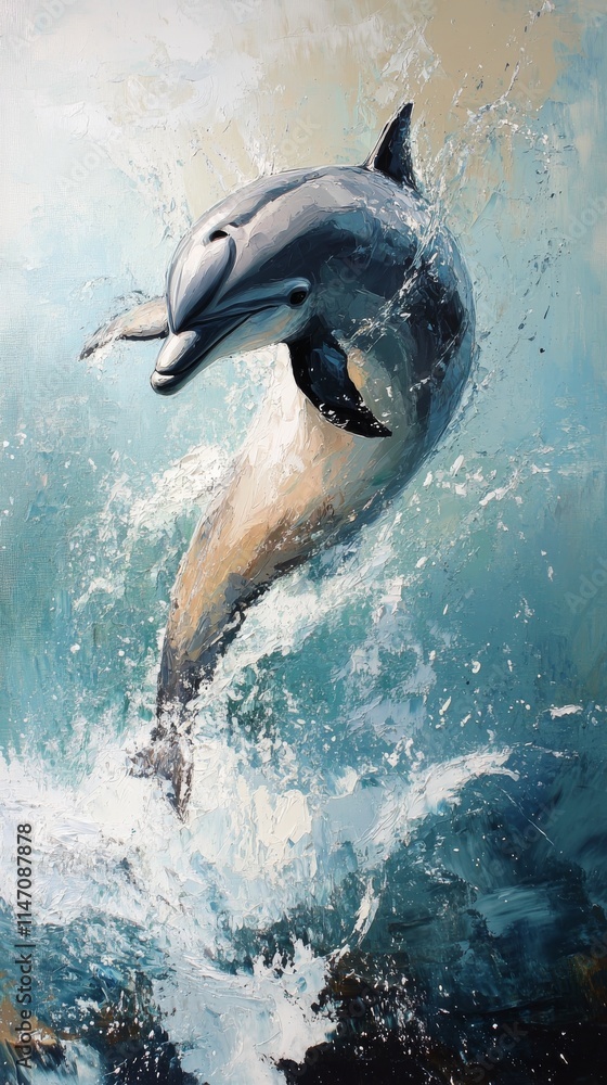 Fototapeta premium Dolphin leaps joyfully above ocean waves showcasing its agility and grace in a vibrant blue marine environment