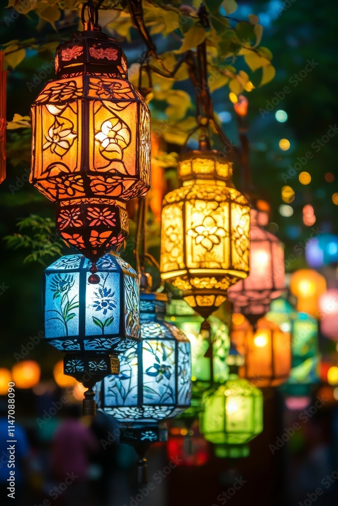 Colorful illuminated lanterns hang from branches. Colorful illuminated lanterns hang from branches.