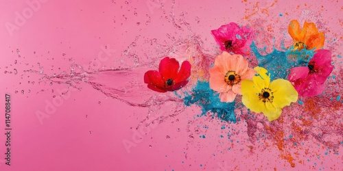 A Beautiful Collection of Colorful Flowers with a Splash Effect on a Pink Background
