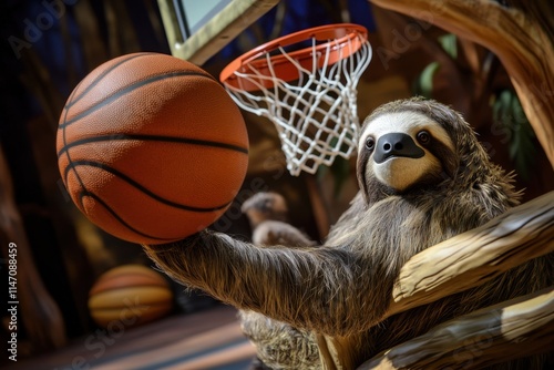 Sloth plays basketball in a playful indoor jungle setting during afternoon hours photo