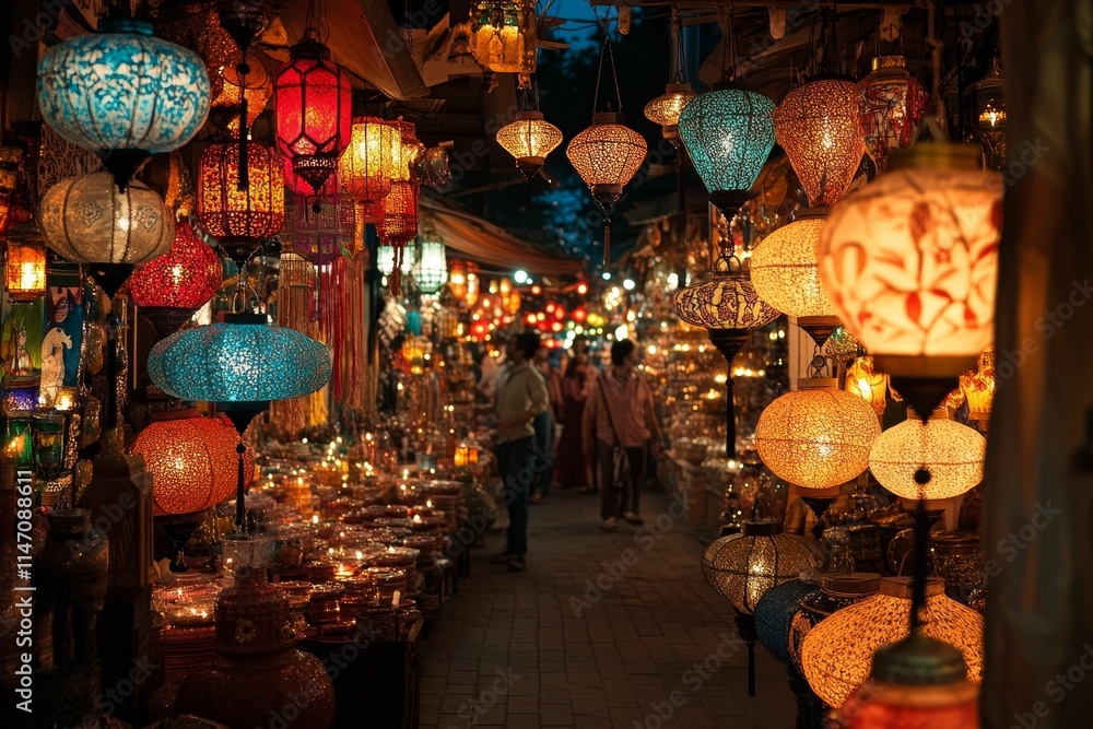 Illuminated lanterns and candles line a market alley. Illuminated lanterns and candles line a market alley.