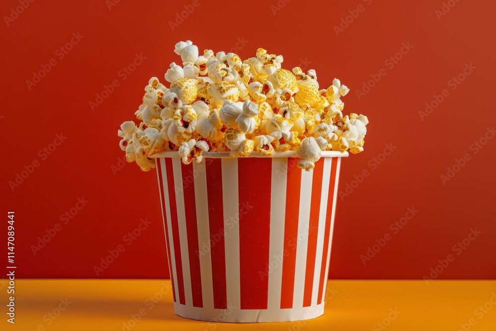 Delicious and fresh popcorn overflowing from a striped bucket Delicious and fresh popcorn overflowing from a striped bucket