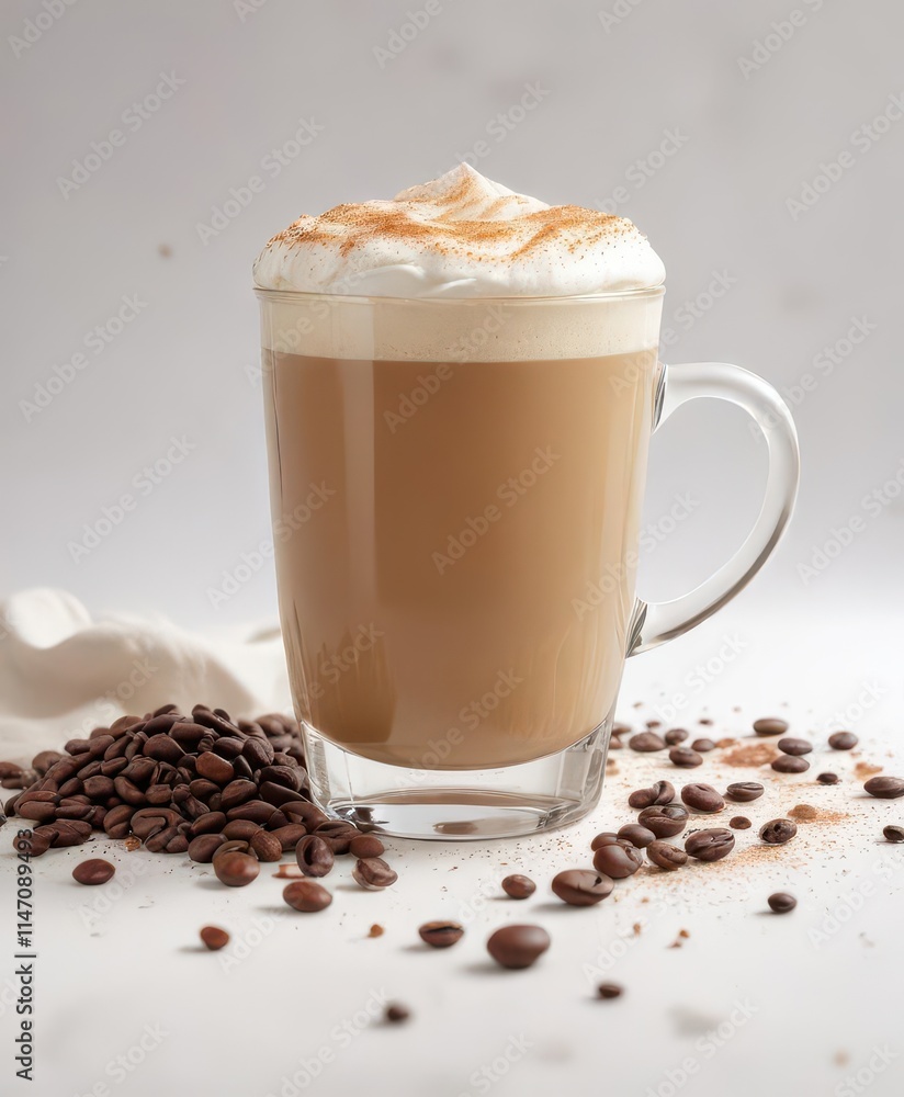 Rich coffee latte with frothy foam and coffee beans scattered on a white background, froth, latte, food Rich coffee latte with frothy foam and coffee beans scattered on a white background, froth, latte, food
