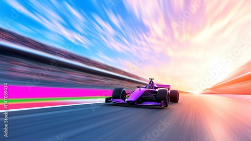 Motorsport car on driving full speed racing track sunset motion blur professional race fast vehicle competition city traffic