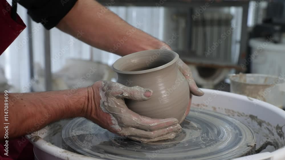 The master removes a clay jug from the potter's wheel The master removes a clay jug from the potter's wheel