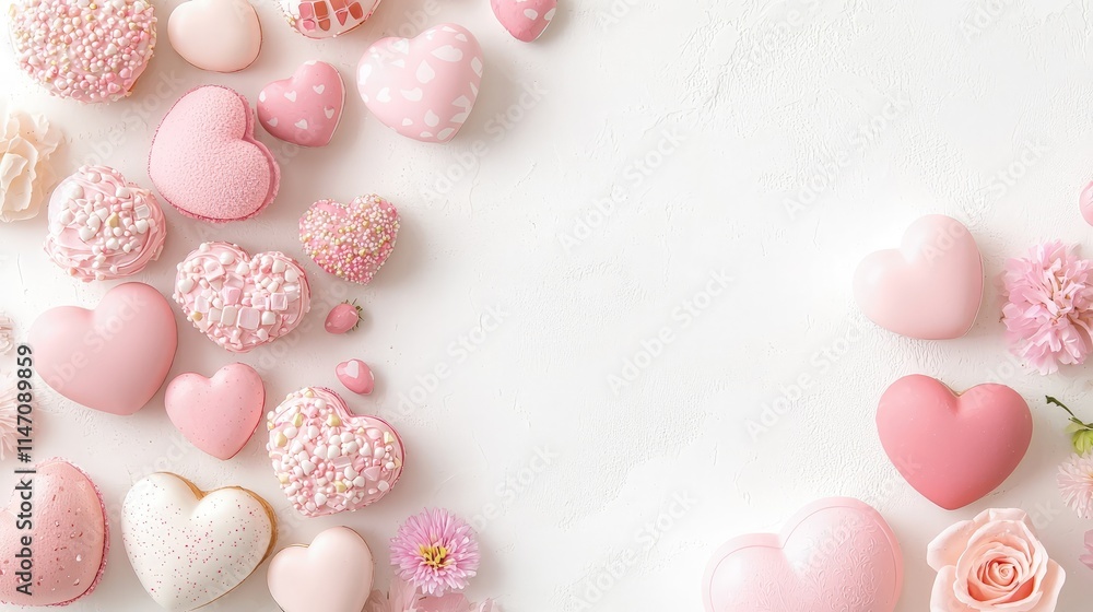 Pink heart-shaped macarons and candies with flowers on white background. Pink heart-shaped macarons and candies with flowers on white background.