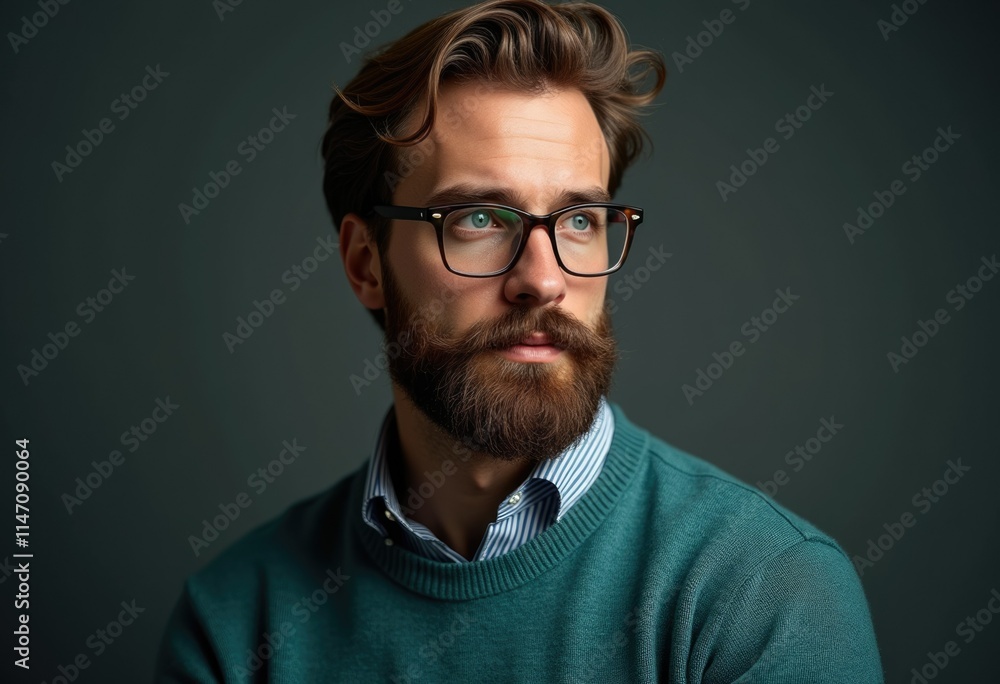 A thoughtful man with a beard, glasses, and teal sweater, looking away pensively. A thoughtful man with a beard, glasses, and teal sweater, looking away pensively.