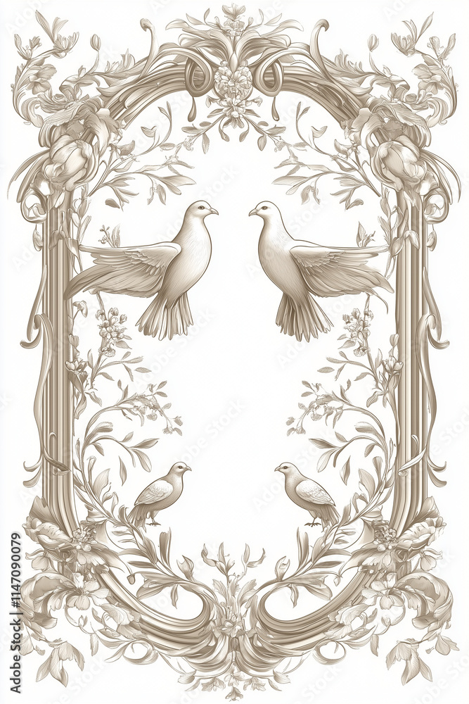 Fototapeta premium Ornamental Frame Design for Peace: Intricate Vector with Doves and Olive Branches on a White Background