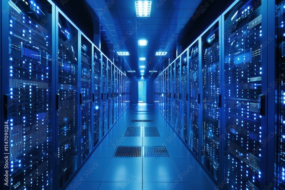 Fototapeta premium Server room data center showing modern network equipment working with blue lights