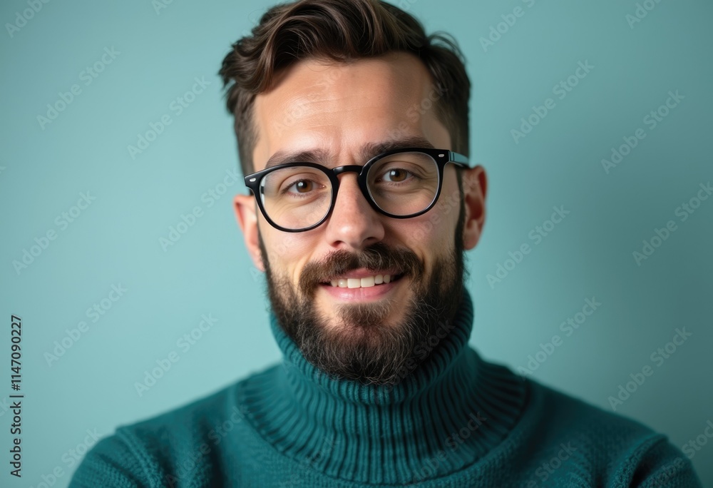 Smiling man with beard and glasses wearing a teal turtleneck sweater. Smiling man with beard and glasses wearing a teal turtleneck sweater.