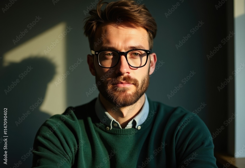 Obraz premium A man with a beard and glasses sits in sunlight, looking directly at the camera.