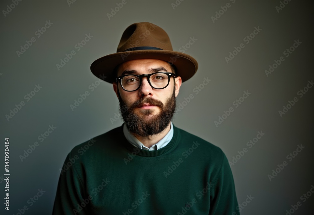 A bearded man with glasses and a brown hat, wearing a dark green sweater. A bearded man with glasses and a brown hat, wearing a dark green sweater.