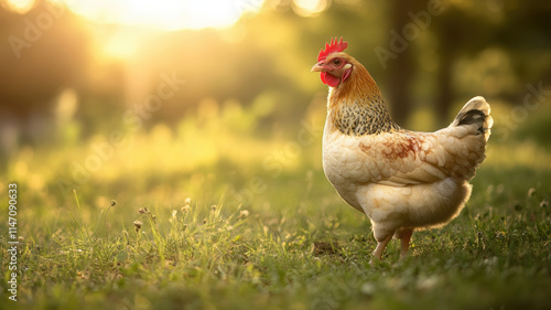 Close-up of a single free-range chicken standing on a patch of grass, with blurred greenery and soft light in the background, perfect for farm-to-table visuals.