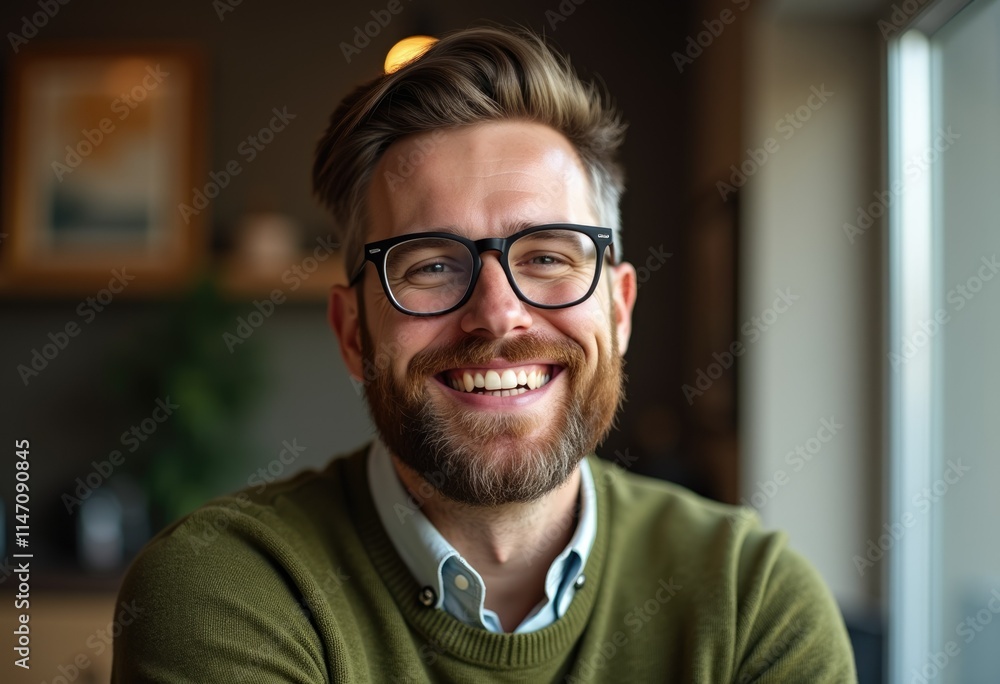 A happy, smiling man with a beard and glasses, wearing a green sweater. A happy, smiling man with a beard and glasses, wearing a green sweater.