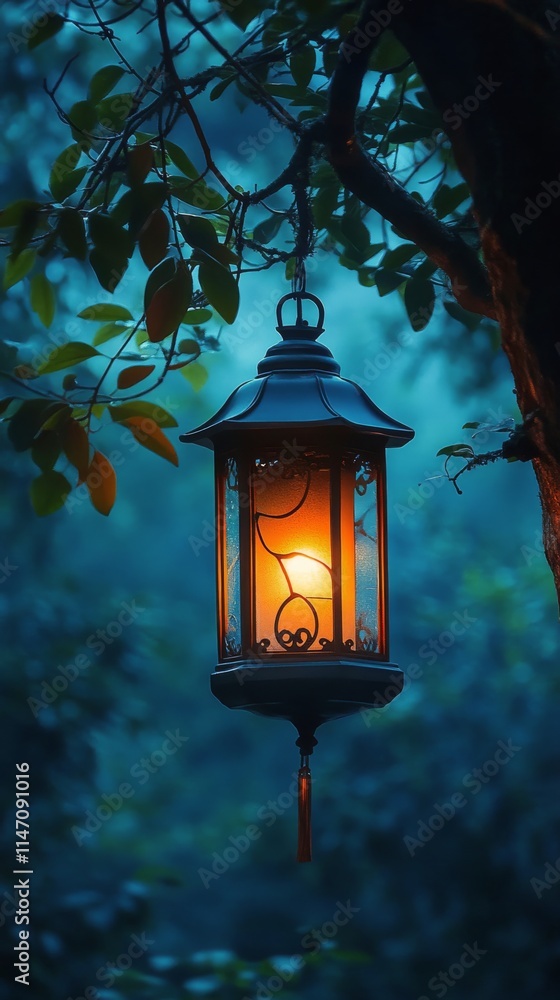 Soft light illuminates lantern hanging from tree as evening descends in quiet forest setting Soft light illuminates lantern hanging from tree as evening descends in quiet forest setting