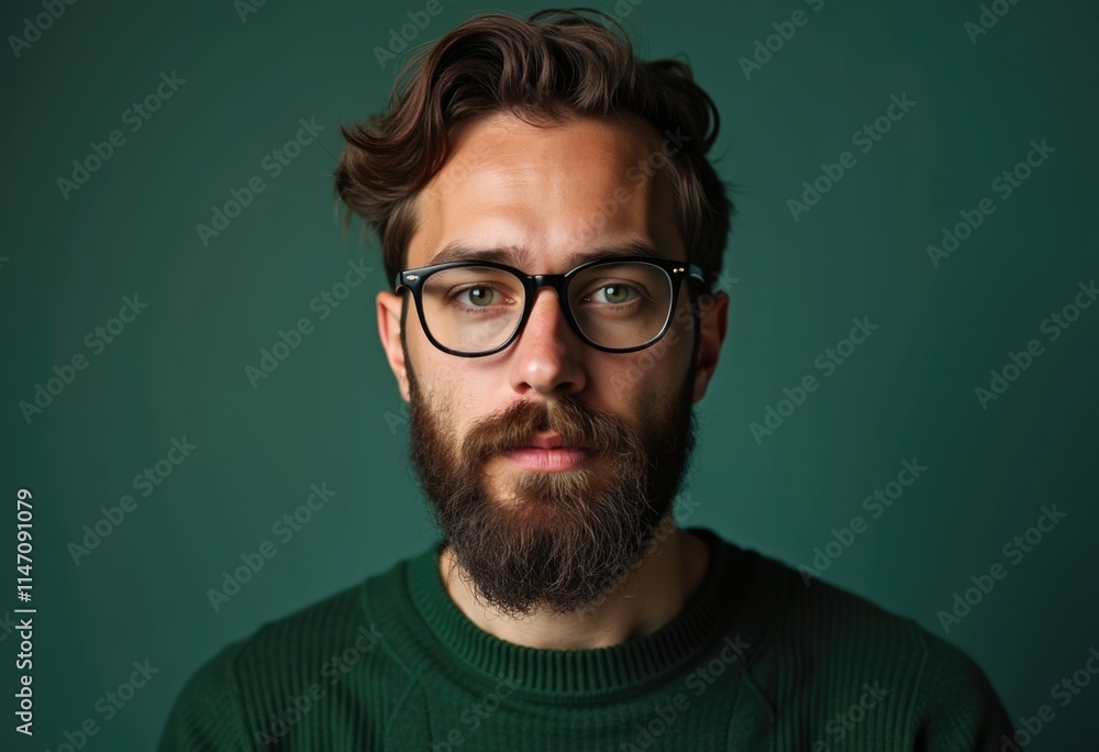 Obraz premium A portrait of a bearded man wearing glasses, serious expression against a dark green background.