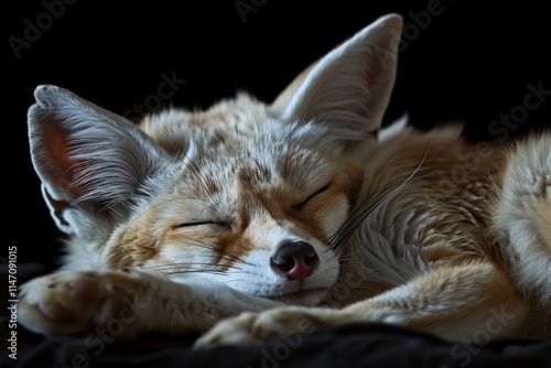 A serene and peaceful fennec fox sleeping soundly in a dark environment, showcasing its large ears and soft fur. photo