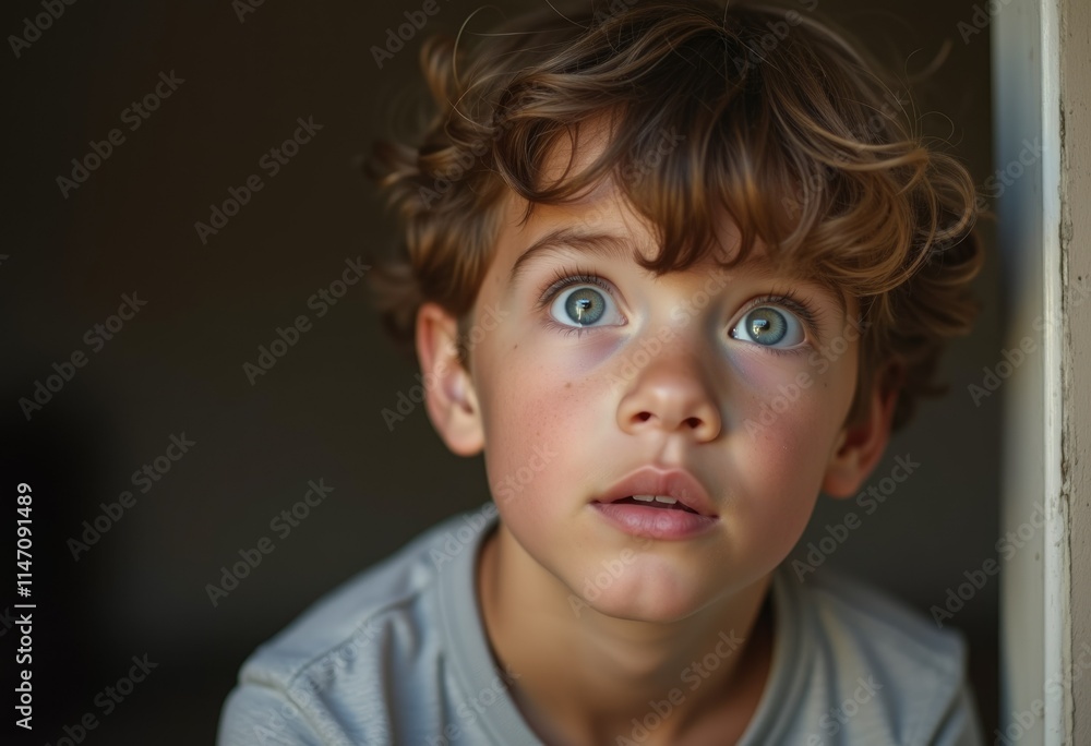 A curious young boy with curly hair and bright blue eyes looks up with wonder and fascination. A curious young boy with curly hair and bright blue eyes looks up with wonder and fascination.