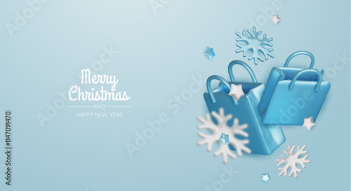 Happy New Year and Merry Christmas. Christmas holiday background with realistic 3d objects, bauble balls, conical metal stars. Levitation falling design composition.