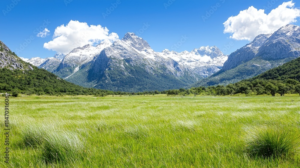 Scenic mountain valley with lush green meadow under blue sky. Scenic mountain valley with lush green meadow under blue sky.
