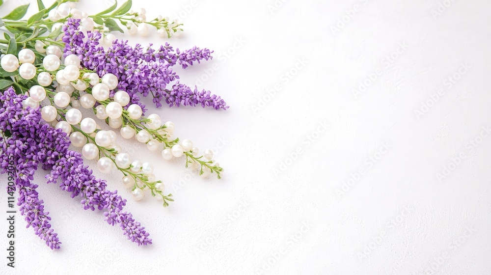 Fototapeta premium Lavender flowers and white pearl stems arranged on a light background with copy space.