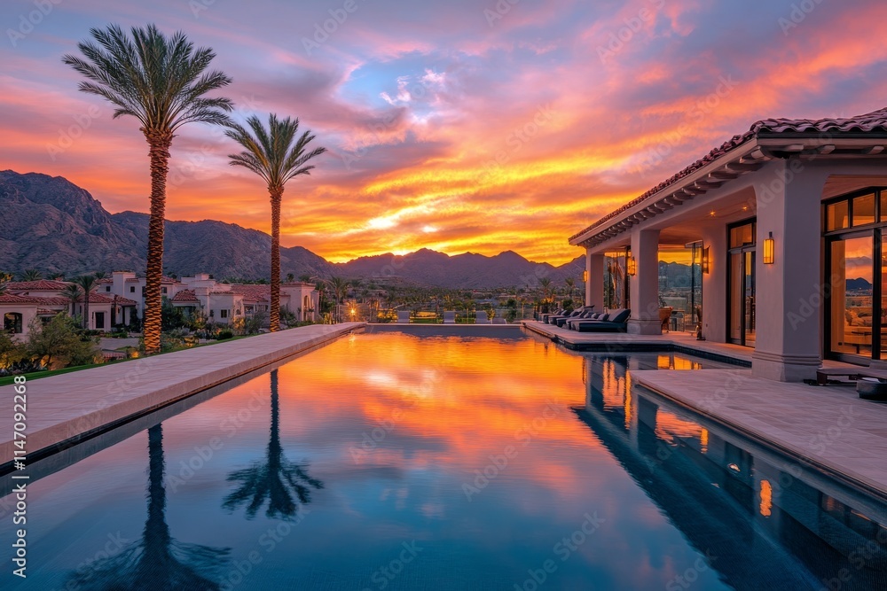 Fototapeta premium Serene sunset over a tranquil lake surrounded by palm trees and lush greenery in a scenic residential area
