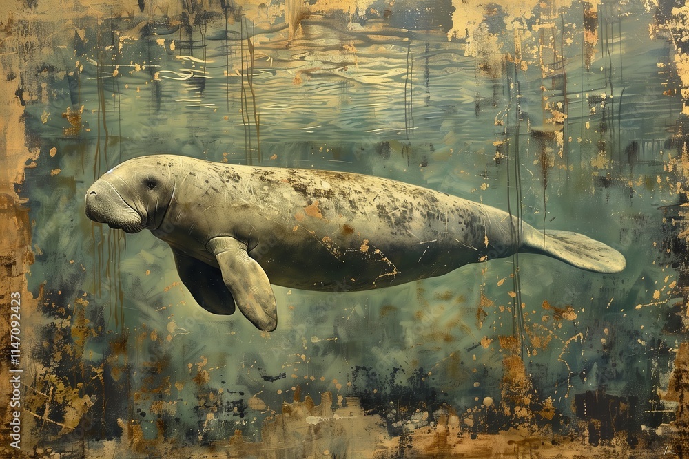 Fototapeta premium A serene manatee gliding through clear waters, showcasing nature's beauty and tranquility in aquatic life.