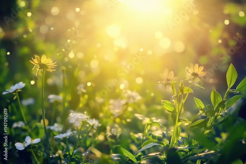 Bright sunlight illuminates blooming flowers in a lush green garden during springtime