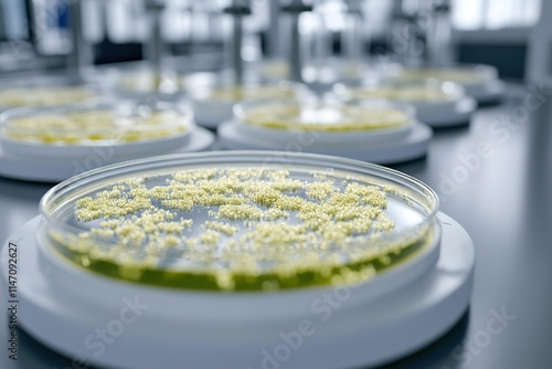 Petri dishes filled with vibrant yellow cultures showcase scient photo