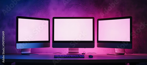 A sleek workspace featuring a triple monitor setup with glowing pink screens, illuminated by purple neon lighting. Decorated with potted plants, this modern setup is ideal for creative or tech project photo