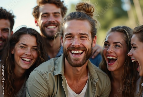 A group of happy young adults laughing together outdoors, enjoying friendship and camaraderie.