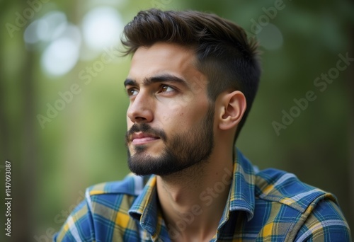 A young man with a beard, wearing a plaid shirt, looks thoughtfully into the distance, surrounded by a blurred natural background.