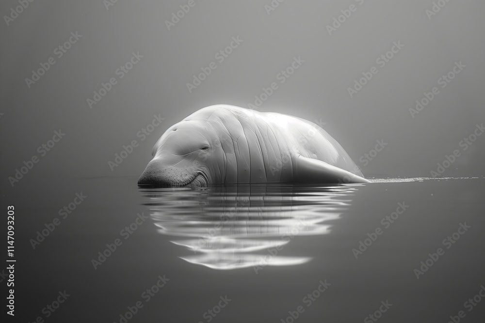 Naklejka premium A serene portrait of a beluga whale swimming gracefully in calm, reflective waters, evoking a sense of peace.