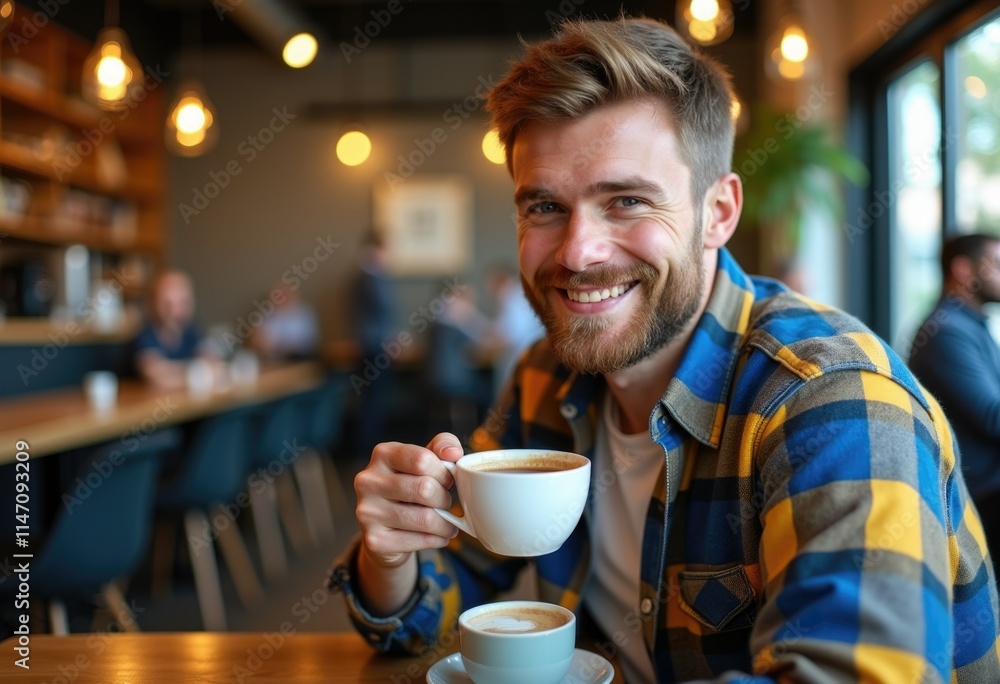 A smiling man enjoys a coffee in a cozy cafe, surrounded by a blurred background of other patrons. A smiling man enjoys a coffee in a cozy cafe, surrounded by a blurred background of other patrons.