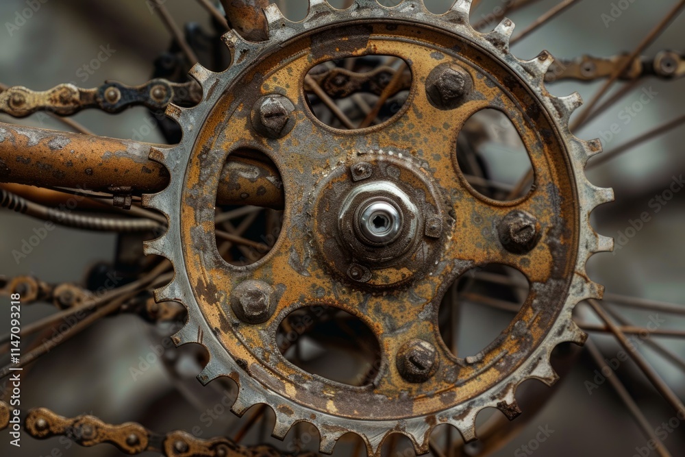 Fototapeta premium Close up of old chain ring on vintage bicycle showing rust and decay