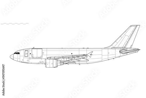 Airbus A310-300F Freighter. Vector drawing of cargo aircraft. Side view. Image for illustration and infographics.