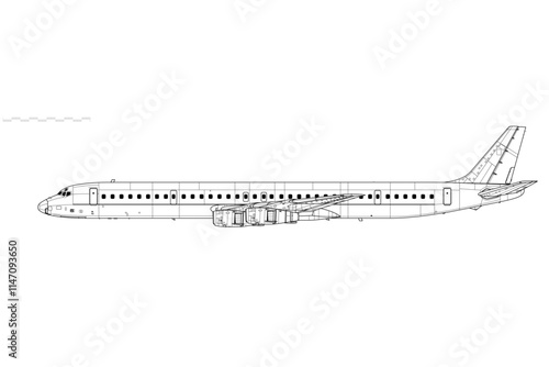Douglas DC-8-61. Vector drawing of long-range narrow-body jetliner. Side view. Image for illustration and infographics.