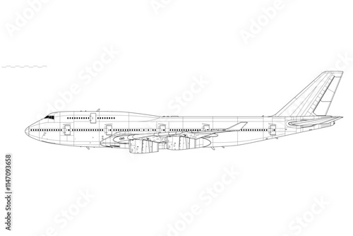 Boeing 747-400. Vector drawing of wide-body long-range jetliner. Side view. Image for illustration and infographics.