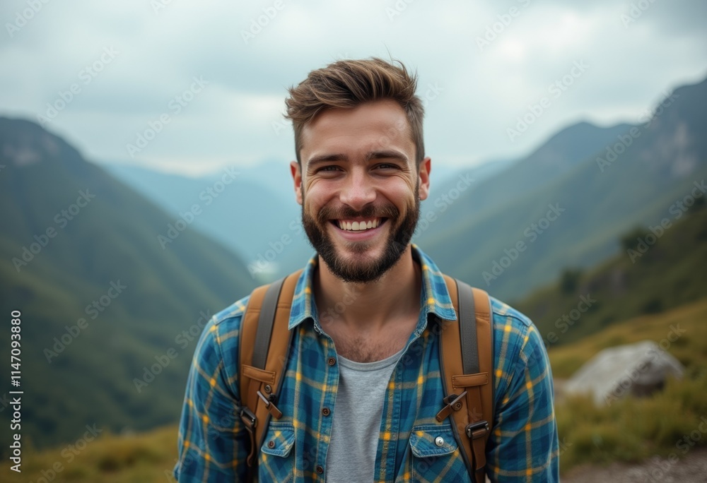 A happy hiker smiles, enjoying the scenic mountain view on a sunny day. A happy hiker smiles, enjoying the scenic mountain view on a sunny day.