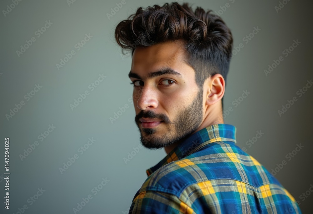 A young man with a stylish haircut and beard, wearing a plaid shirt, looks over his shoulder. A young man with a stylish haircut and beard, wearing a plaid shirt, looks over his shoulder.