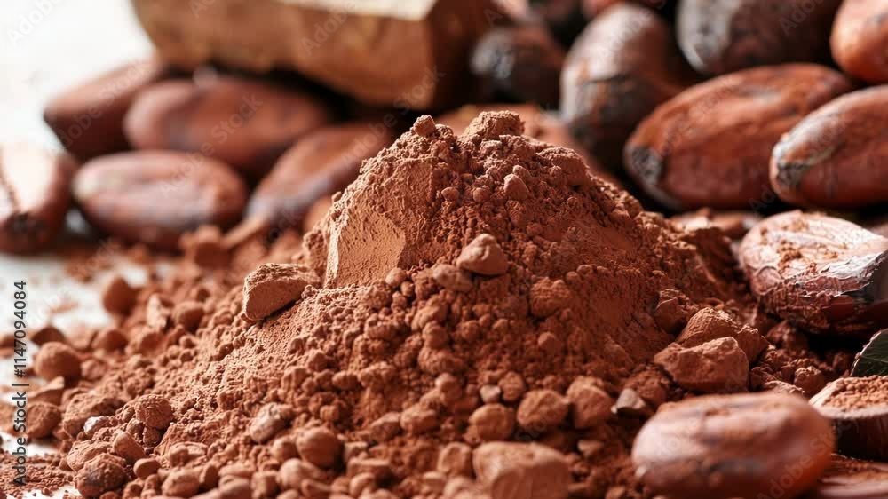 custom made wallpaper toronto digitalCloseup of rich brown cocoa powder surrounded by cacao beans and a cacao pod, showing the process of chocolate making from plant to powder
