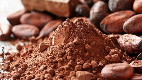 Wallpaper Mural Closeup of rich brown cocoa powder surrounded by cacao beans and a cacao pod, showing the process of chocolate making from plant to powder Torontodigital.ca