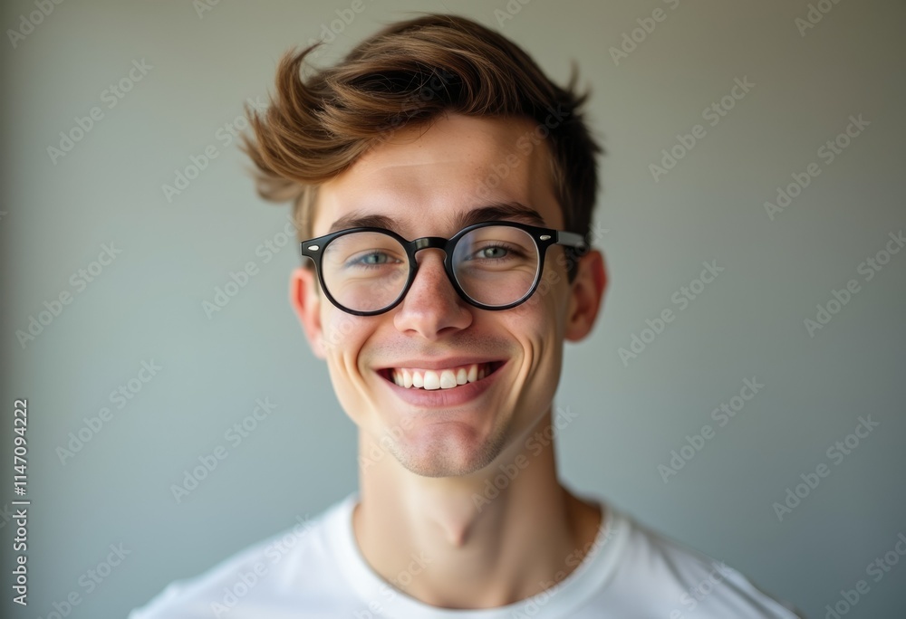 Fototapeta premium A young man with brown hair and glasses smiles warmly at the camera.