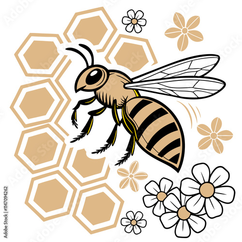 Professional Honeybee Vector Illustration - Honeycomb, Flowers.