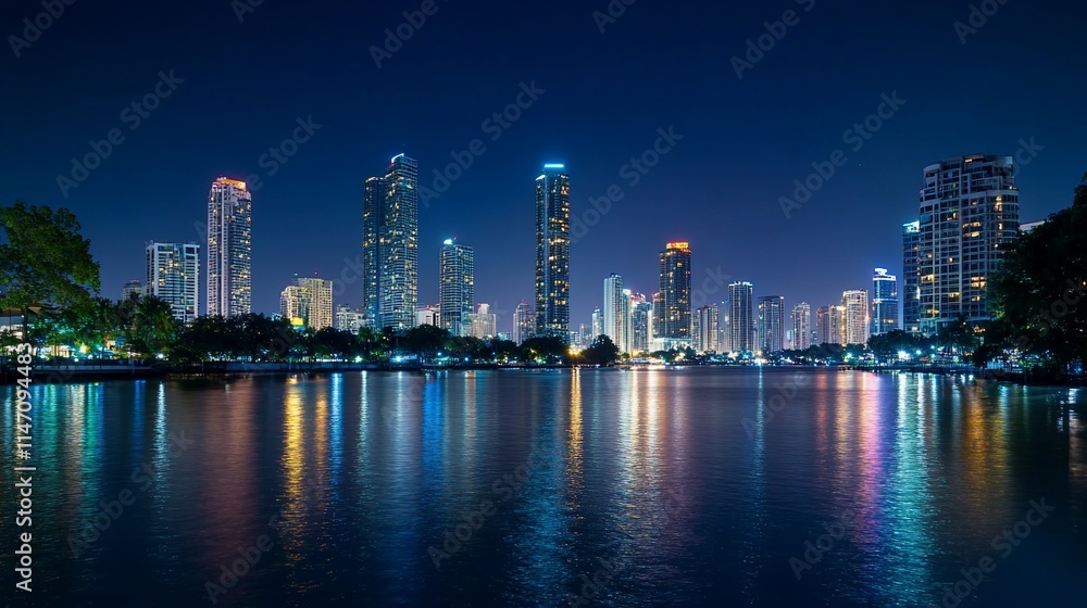 Fototapeta premium Night cityscape reflected in calm water.